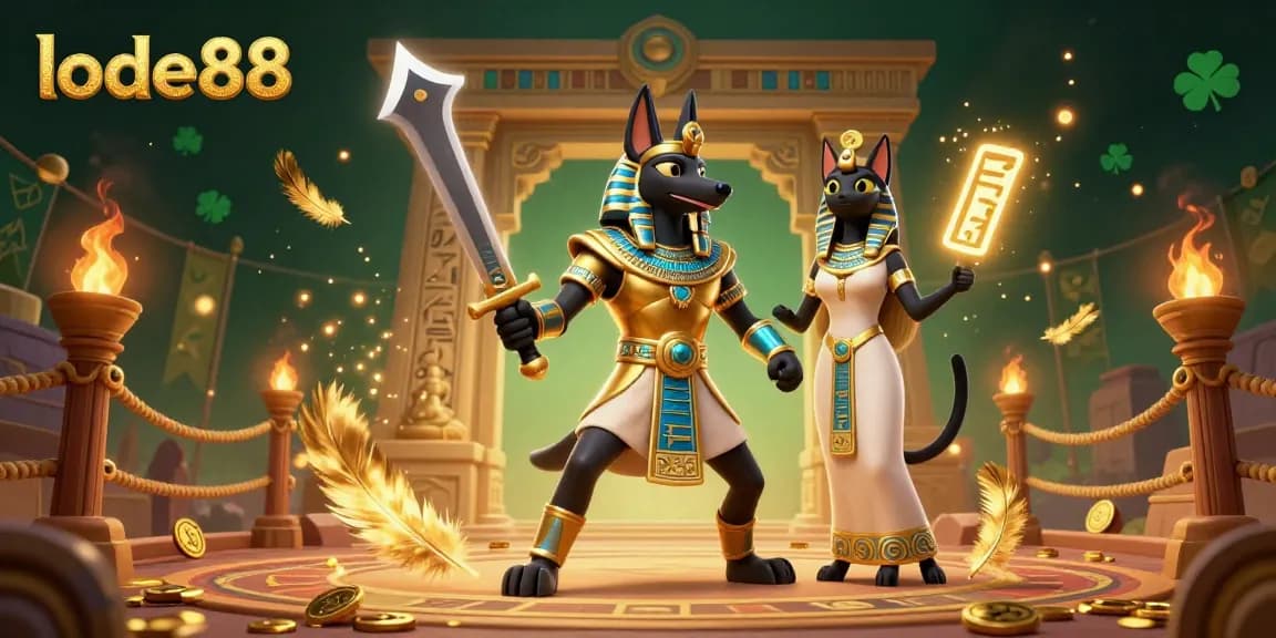 Wager thrillingly with lode88 in an ancient Egyptian casino scene featuring Anubis and Bastet.