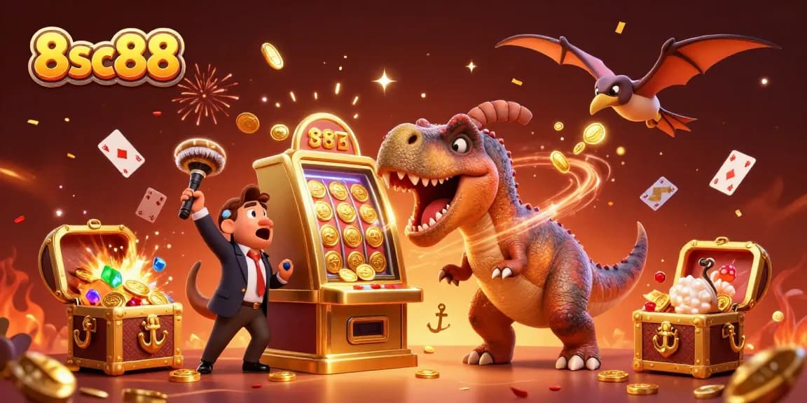 Experience the thrill of 8sc88 with a pachycephalosaurus winning big at a slot machine surrounded by colorful casino elements.