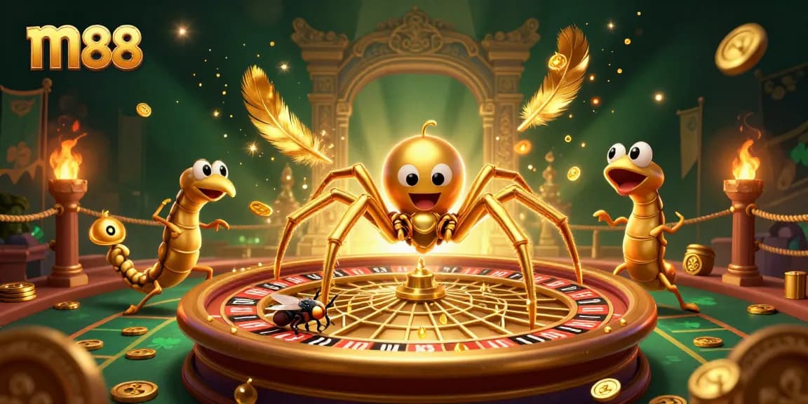 Engage in thrilling m88 gameplay featuring a cartoon spider spinning a roulette wheel web alongside a fly and centipede.