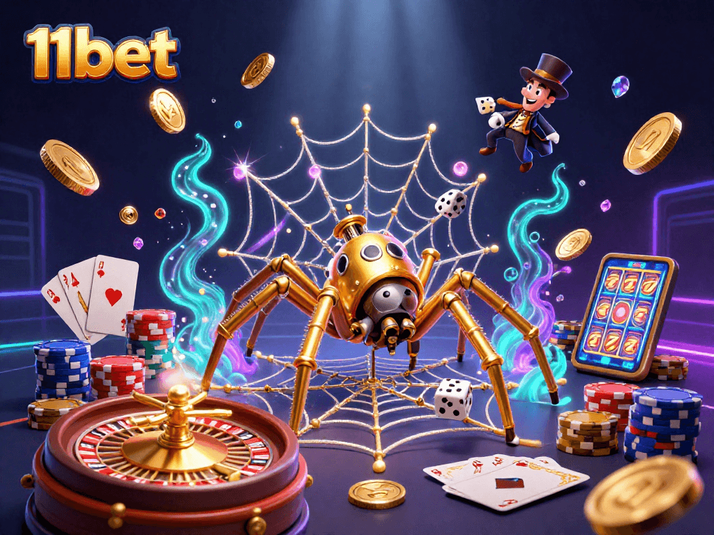 Engage with 11bet's winning experience as a steampunk spider entangles dice amidst vibrant casino elements.