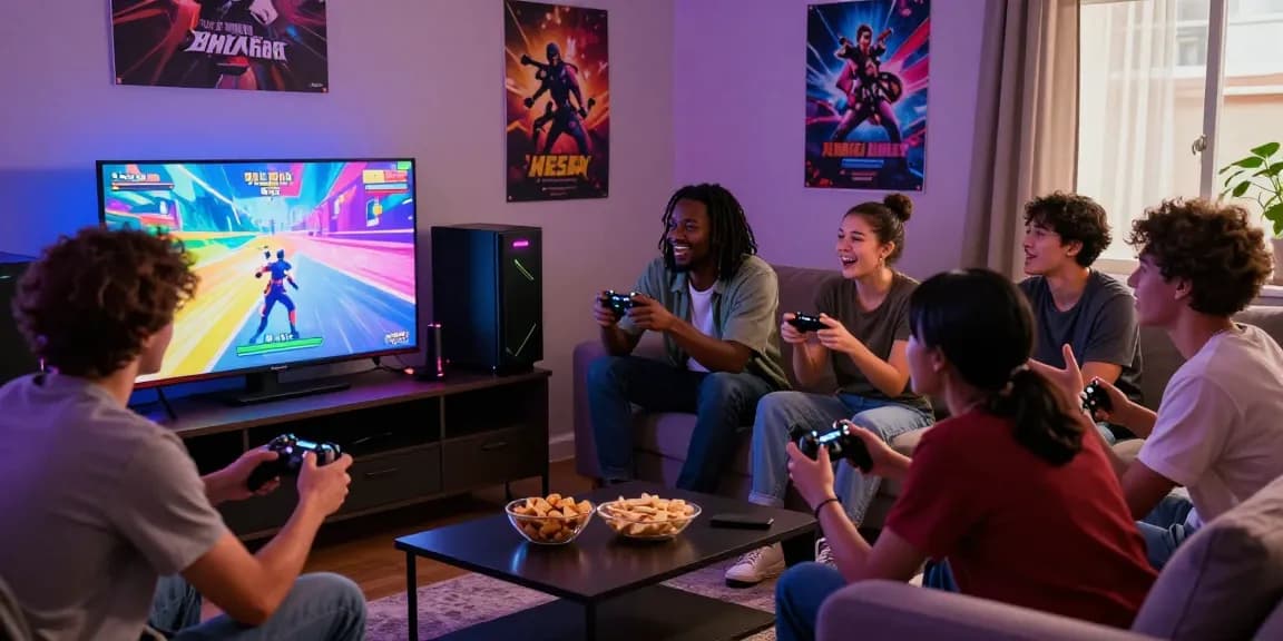 Friends enjoying a hentaigame session in a lively living room.