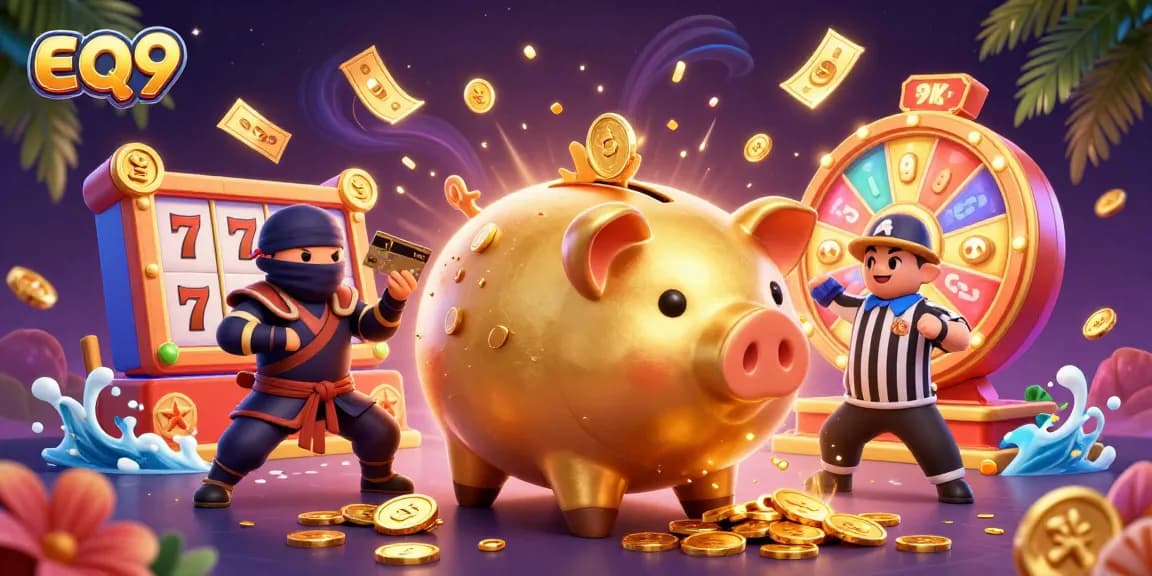 eq9 features an energetic illustration of a golden piggy bank sumo wrestler amidst jackpot slots and confetti.
