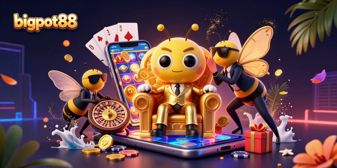 Engage with bigpot88's thrilling casino scene featuring a bumblebee mob boss and vibrant slot games.