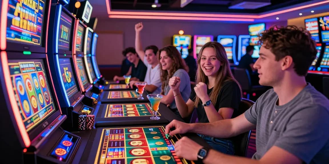Exciting scene at credit card casinos with players engaged at slot machines, capturing the thrill of online gaming.