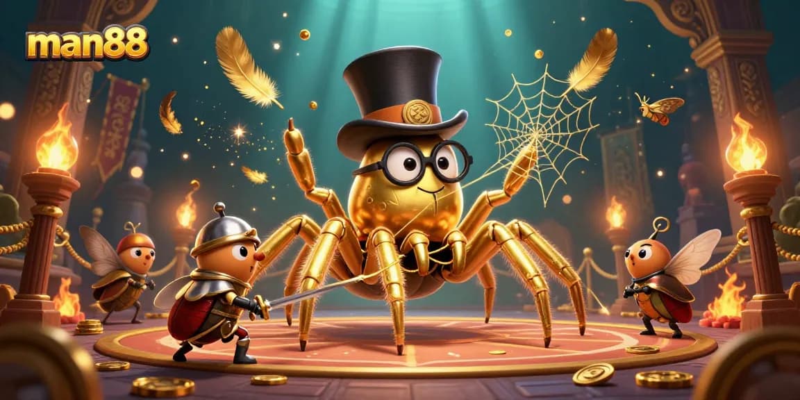 Experience excitement with man88 casino action featuring animated tarantula and knight.