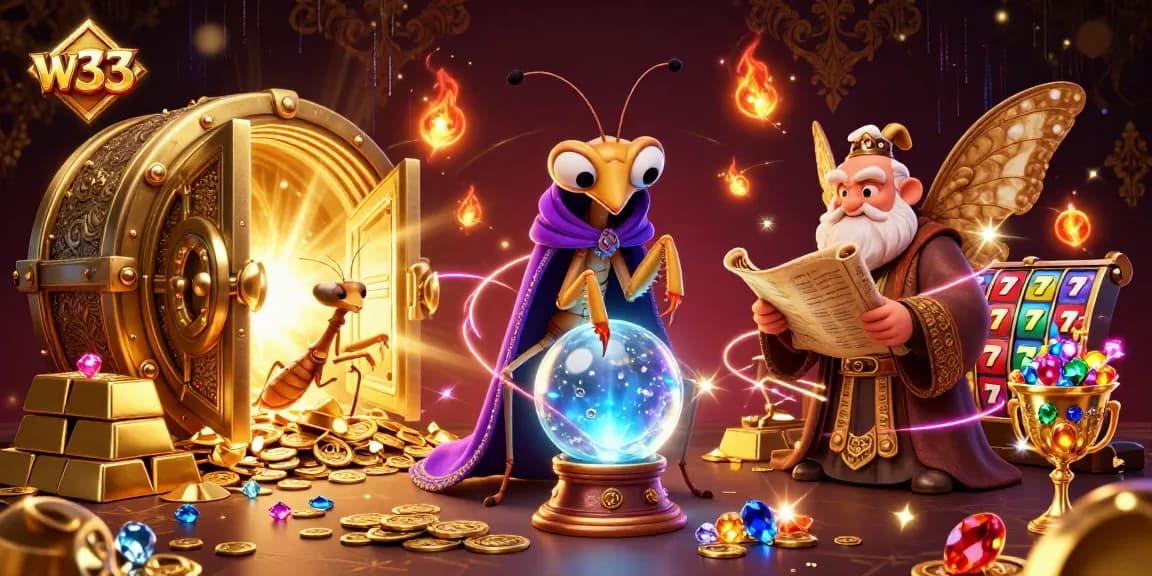 Experience w33's vibrant gaming universe with a mystical fortune teller and captivating treasures.