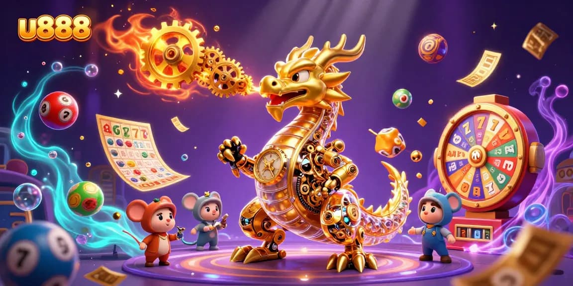 Engage with u888's thrilling slots and lottery excitement in a vivid 3D casino setting.