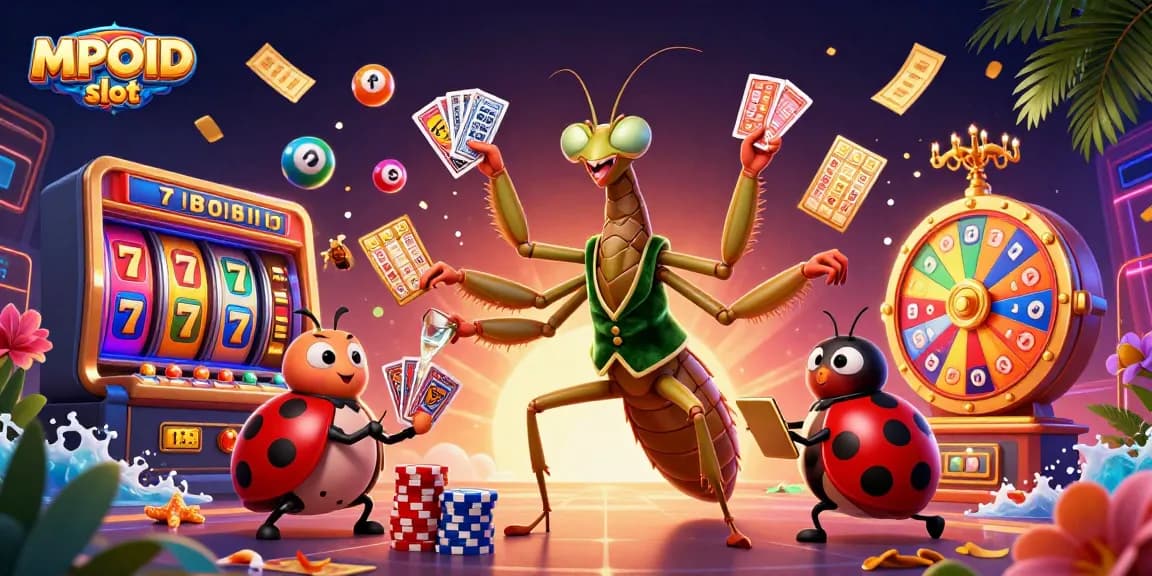 Engage with MPOID slot surrounded by vibrant casino elements, showcasing dynamic gaming action.