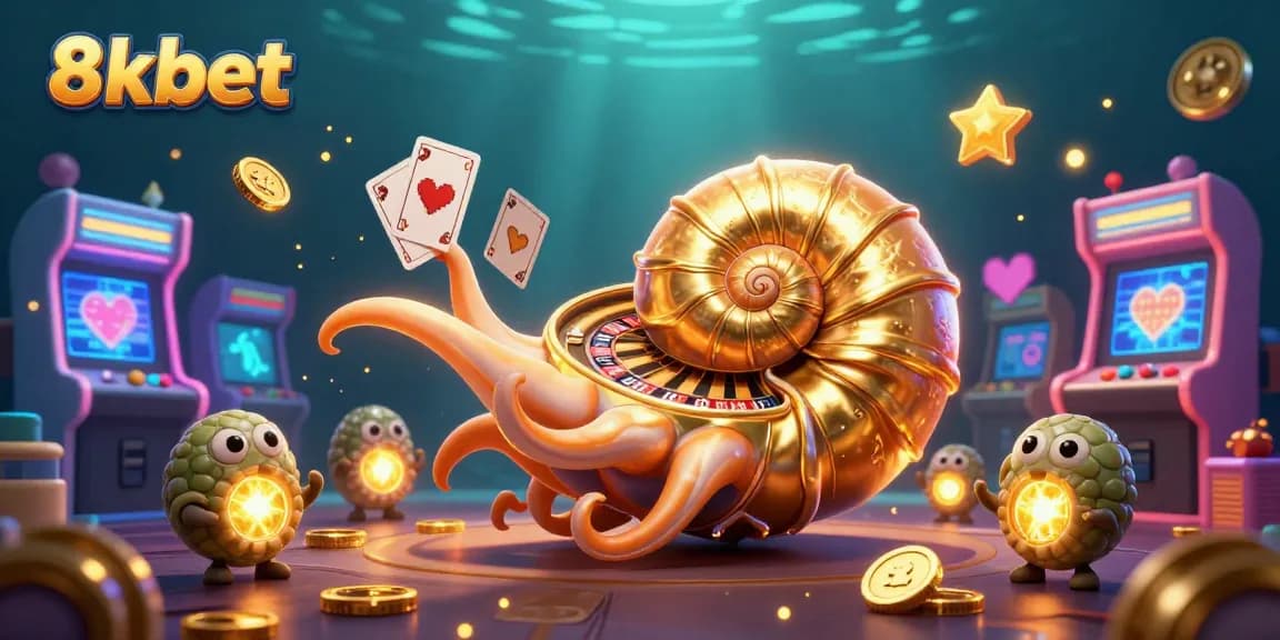 Experience the excitement of 8xbet with a vibrant arcade and casino scene featuring a nautilus roulette wheel.