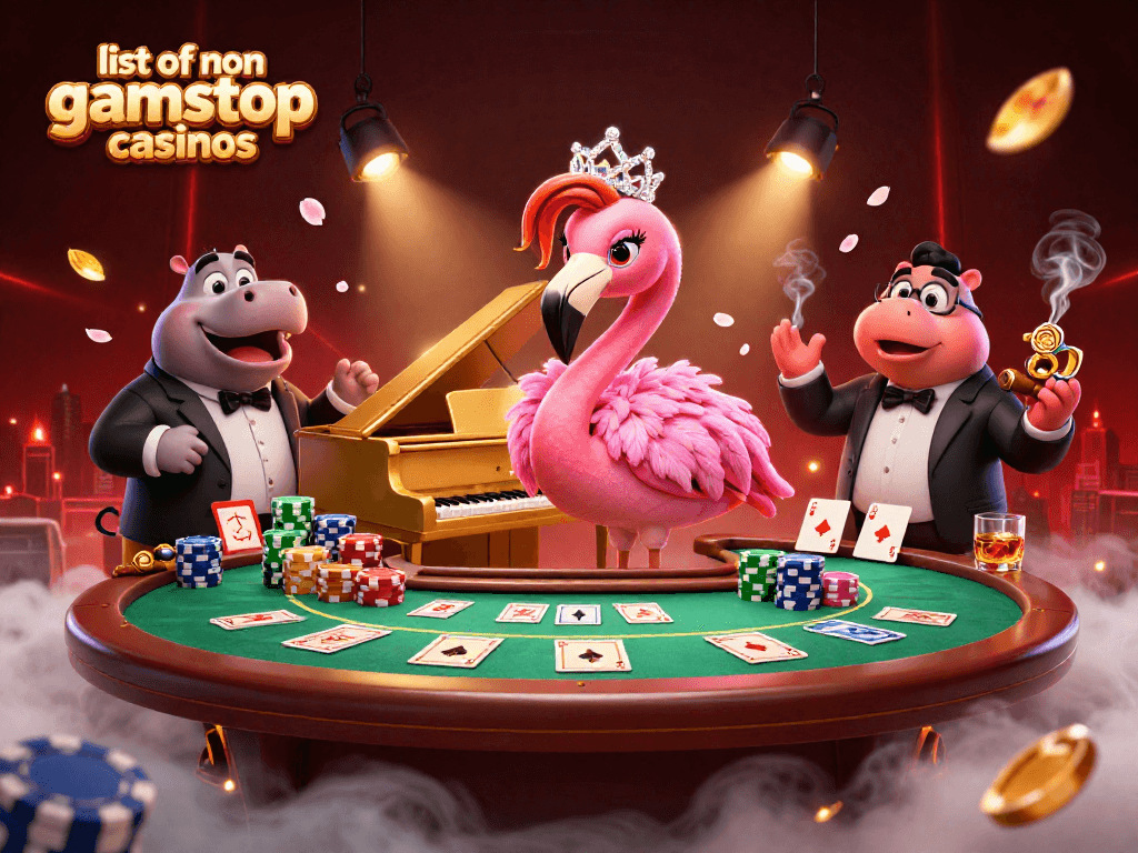 Engage with the vibrant scene of non gamstop casinos featuring animated characters and dynamic gambling elements.
