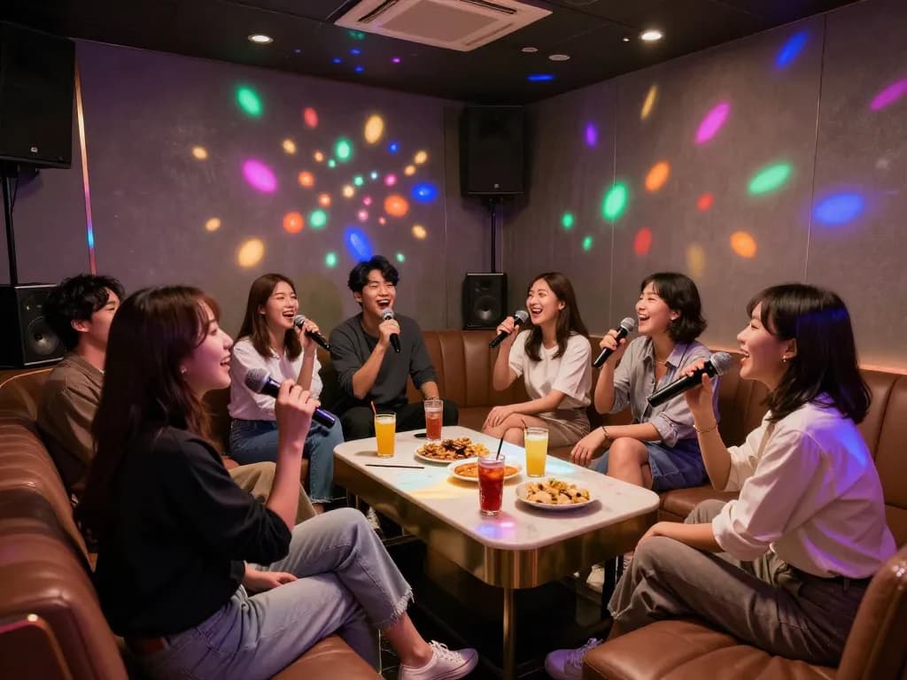 서구청쓰리노에서 친구들이 노래하고, 세련된 장식과 음료가 어우러진 생동감 넘치는 프라이빗 노래방 경험.