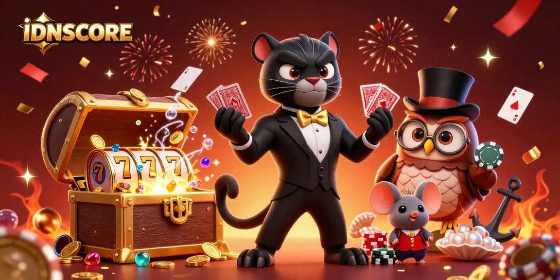 IDNSCORE players enjoying dynamic slot games featuring a black panther dealer, sparkling poker chips and treasure.