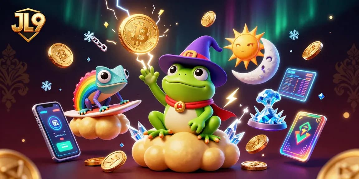 Experience the thrilling excitement at JL9 with a whimsical 3D illustration depicting a storm of gold and crypto coins.