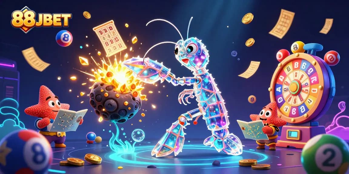 Engage with 88JBET in a vibrant 3D galactic casino world filled with lottery balls and golden rewards.
