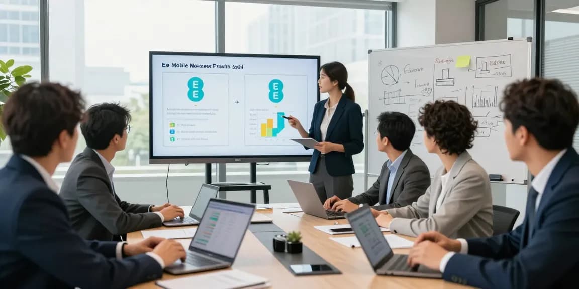 Team comparing EE vs Three business plans in modern office conference room, with laptops and charts.