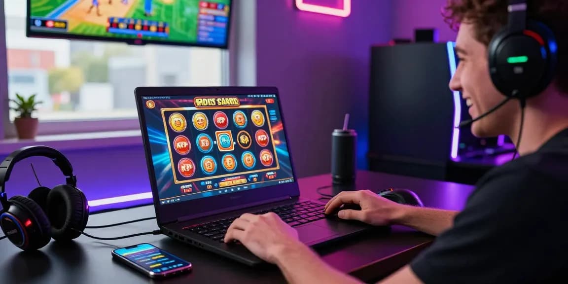 Player enjoying an immersive credit card casino experience at https://ibn.org.uk with vibrant slot games on screen and gaming accessories.
