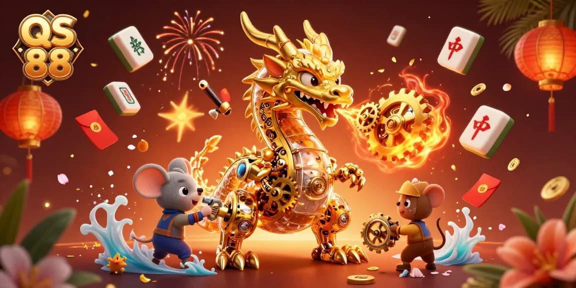 Experience thrilling moments at QS 88 with a vibrant illustration of a dragon breathing golden gears and cogs.