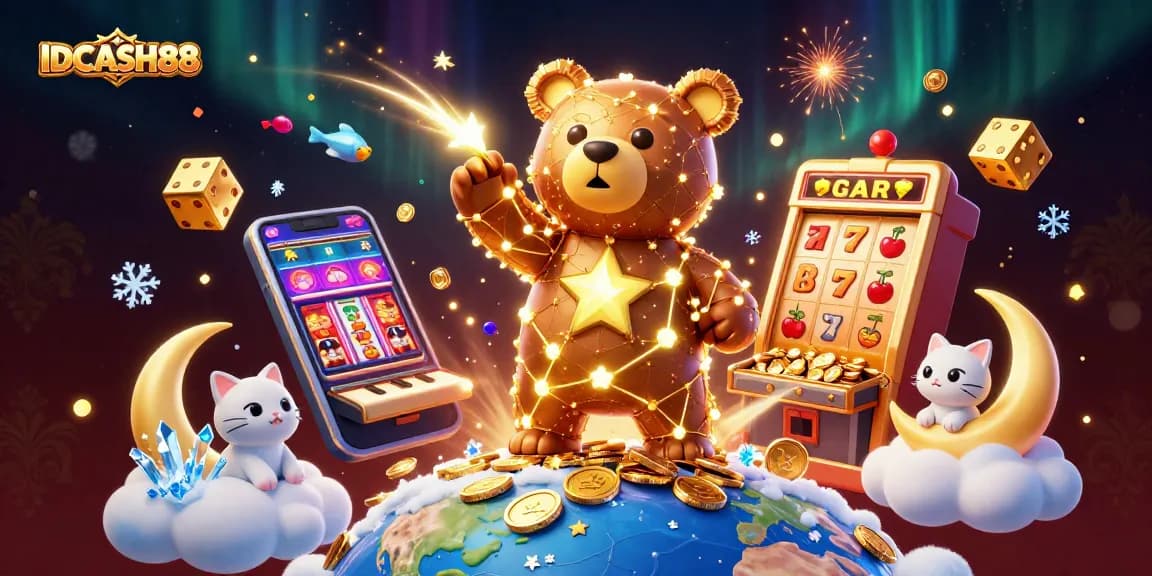 Experience the excitement of IDCASH88 with jackpot winnings in a vibrant casino-themed 3D scene.