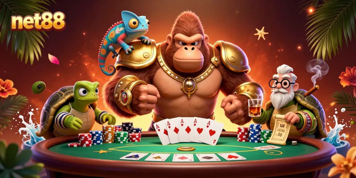 Engage with net88's thrilling casino vibe showcasing poker elements, vibrant characters, and strategic gameplay.