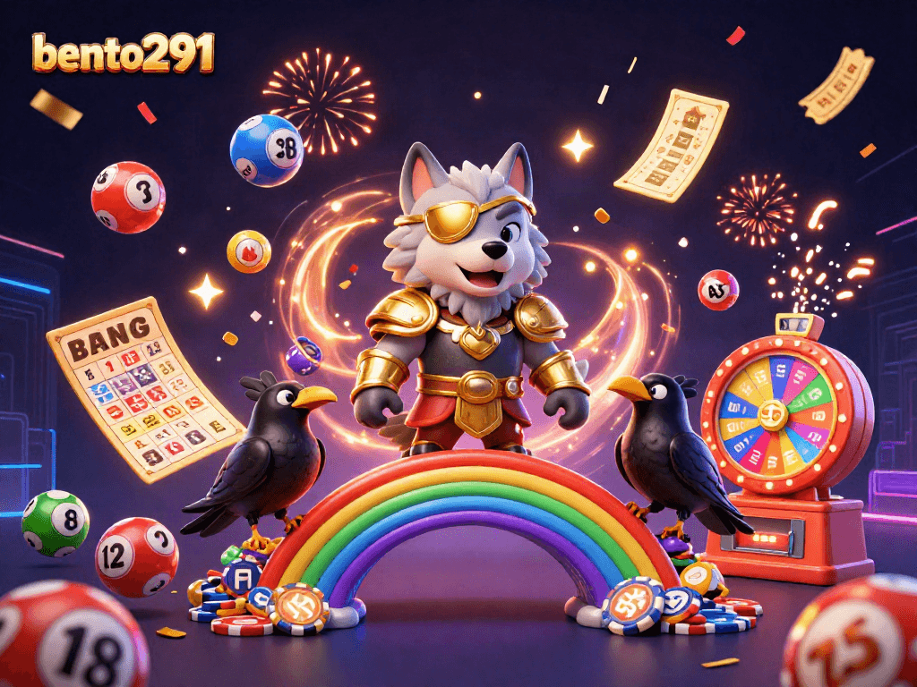 bento291 showcases an Odin wolf and ravens celebrating with casino-themed elements in a vibrant scene.