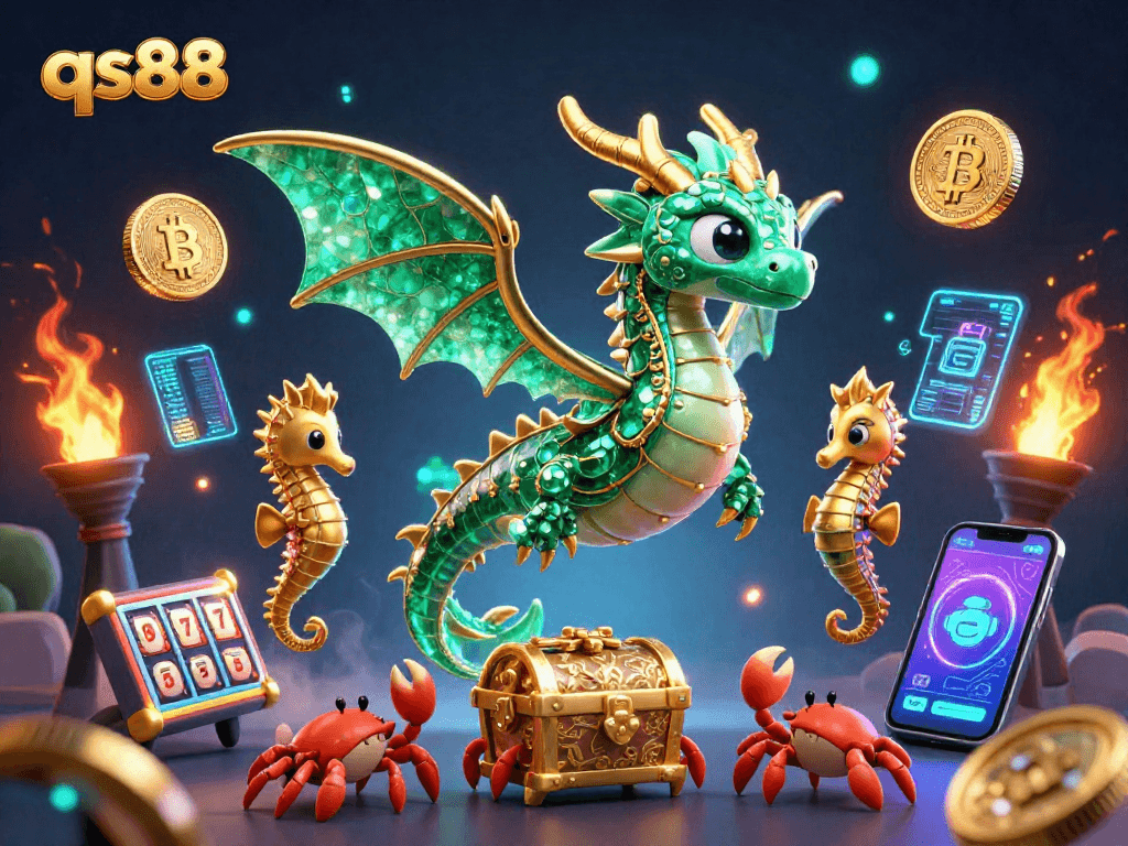 Immerse in qs88's vibrant 3D casino adventure featuring a sea dragon and crypto elements.