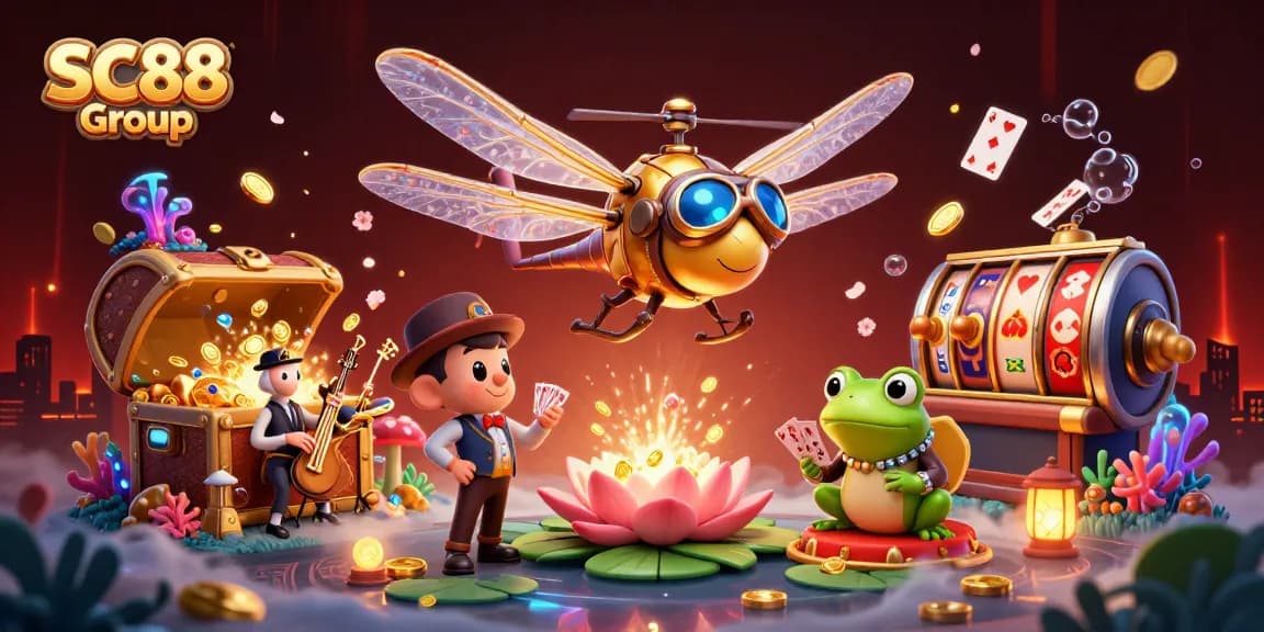 Engage with thrilling games at SC88 Group's lively lily pad casino featuring a dragonfly pilot and frog dealer.
