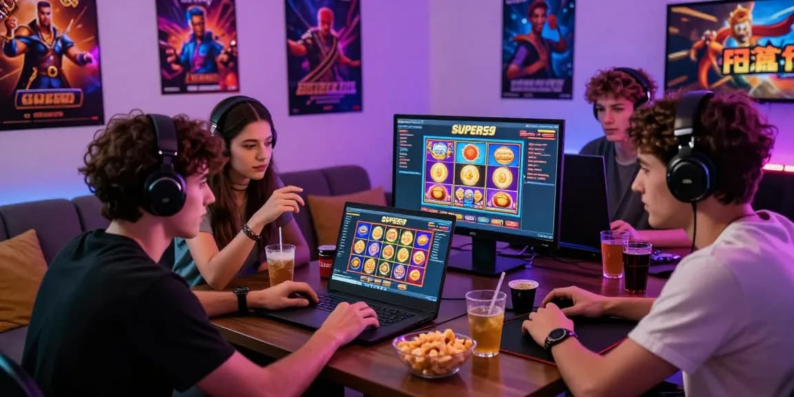 Kelompok teman bermain di platform slot SUPER59, merasakan keseruan permainan dengan grafik warna-warni dan suasana menyenangkan.