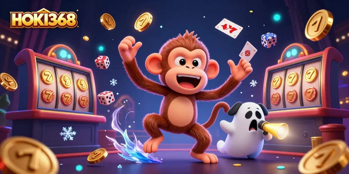 Experience thrilling action with HOKI368 as a playful poltergeist monkey juggles in a haunted casino.