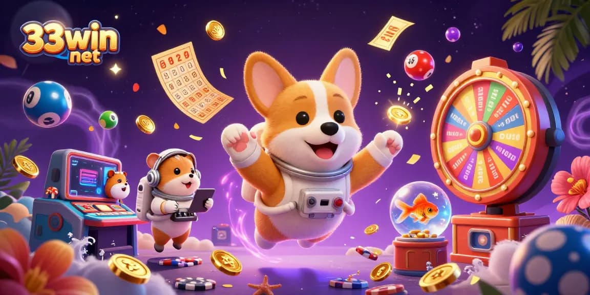 Experience epic gaming at 33win net with floating characters in a vibrant casino scene!