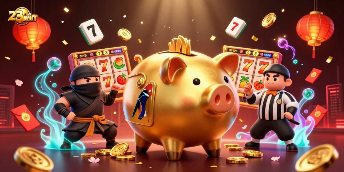 Experience thrilling slots action with 23win's vibrant 3D casino illustration showcasing lucky symbols.