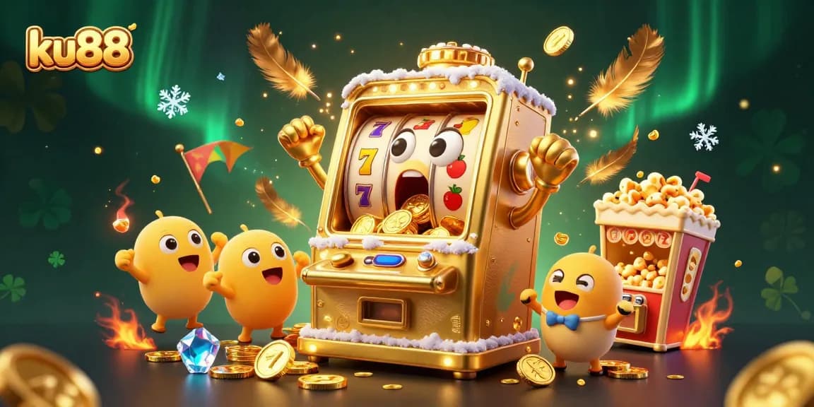 ku88 slot machines celebrate a massive jackpot with golden coins cascading in a lively casino scene