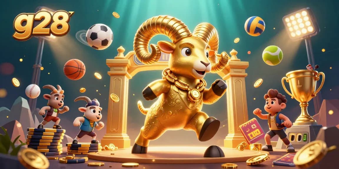Experience g28 gaming excitement with the dynamic 3D golden ram charging through casino-themed imagery.