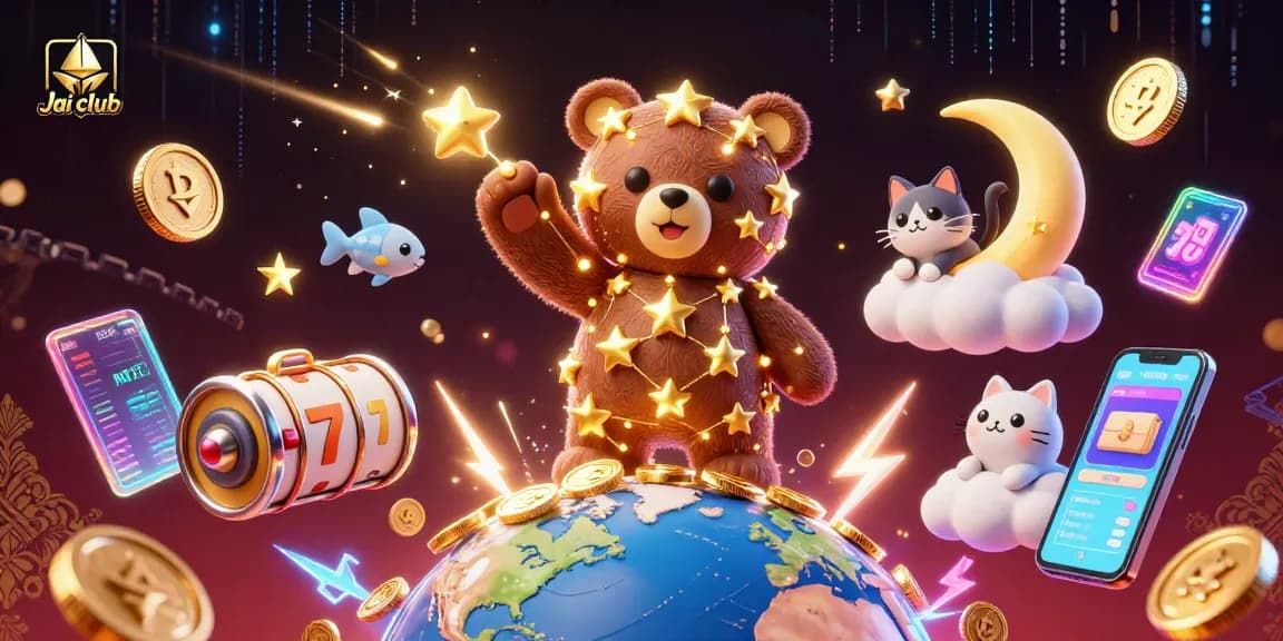 Experience thrilling gameplay on Jai club with a vibrant scene of a constellation bear surrounded by coins and gaming elements.