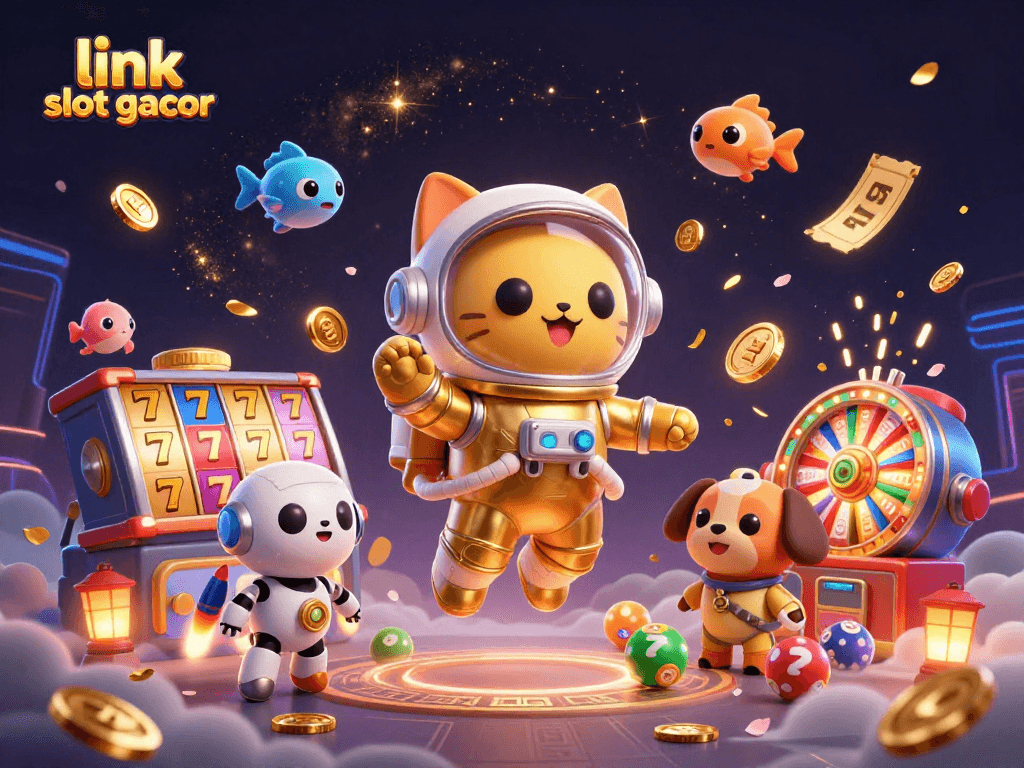 Experience fun with link slot gacor as a cat astronaut and robot dog celebrate wins in a cosmic gambling scene.
