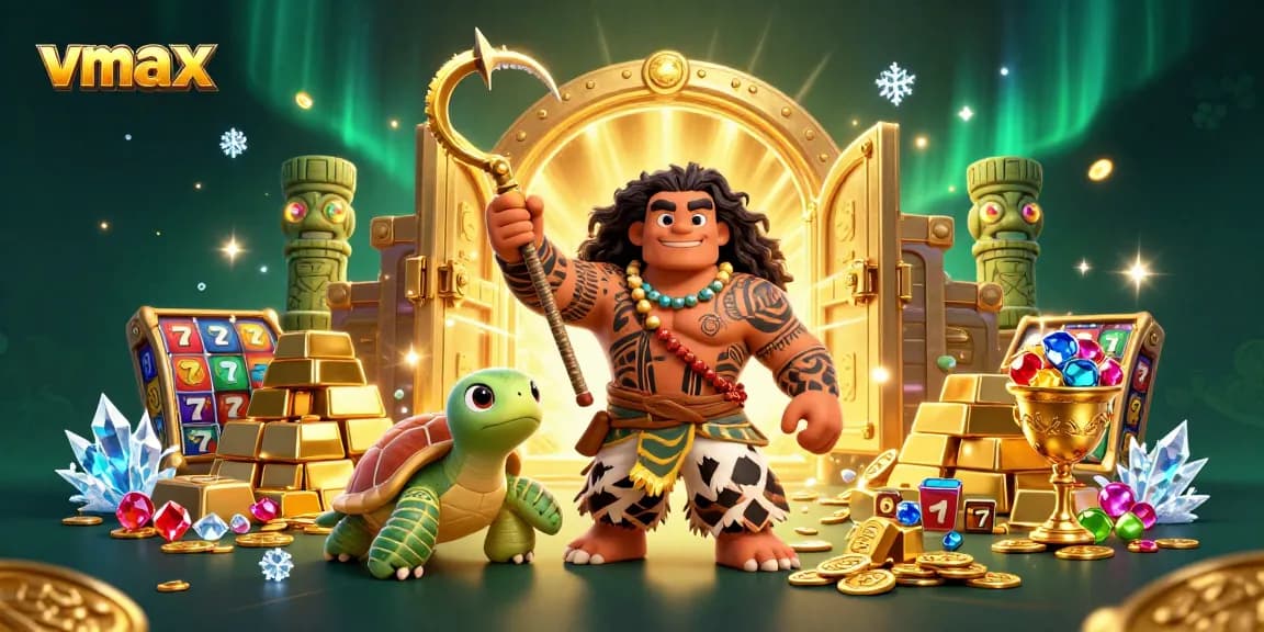 Experience thrilling gaming with vmax, showcasing a vibrant scene of slots and treasures.