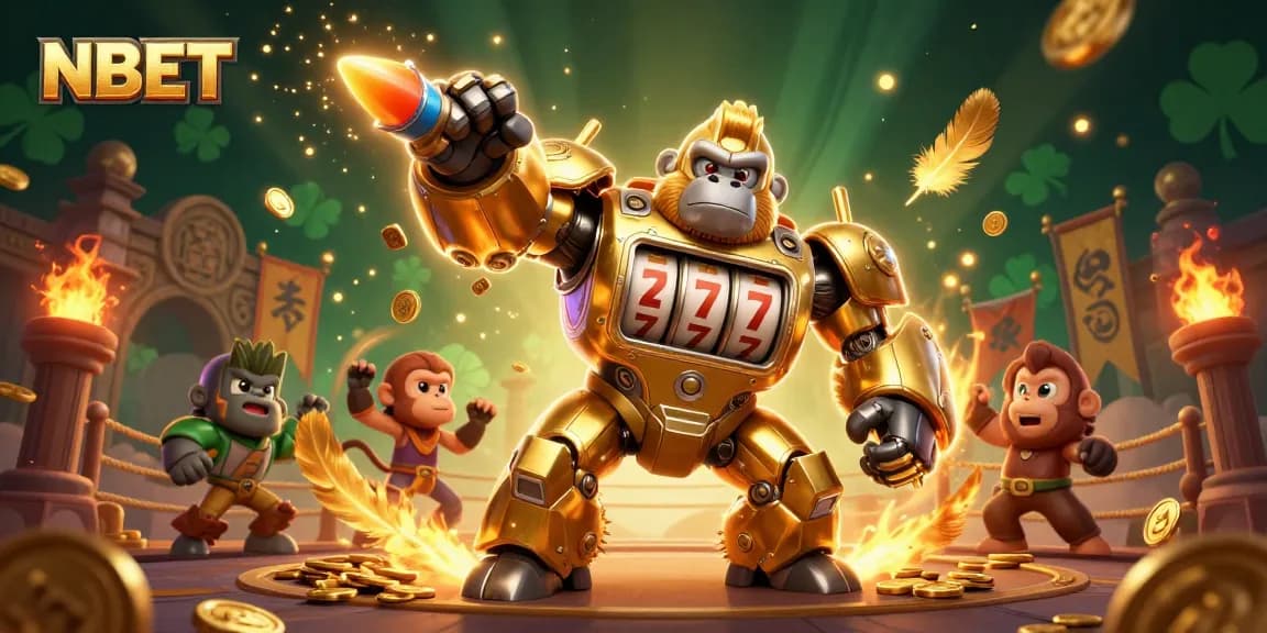 Experience thrilling action with NBET's golden gorilla mech amidst vibrant casino elements.