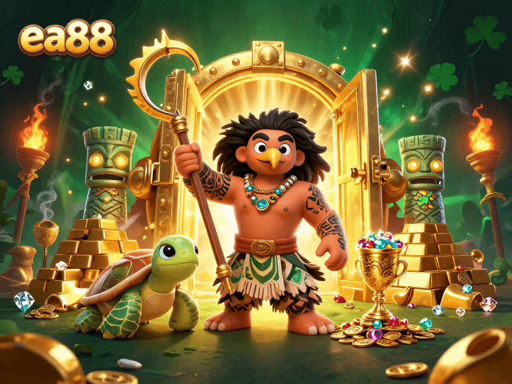 Experience exciting gambling at ea88 with vibrant 3D illustration of winning scenes and treasures.