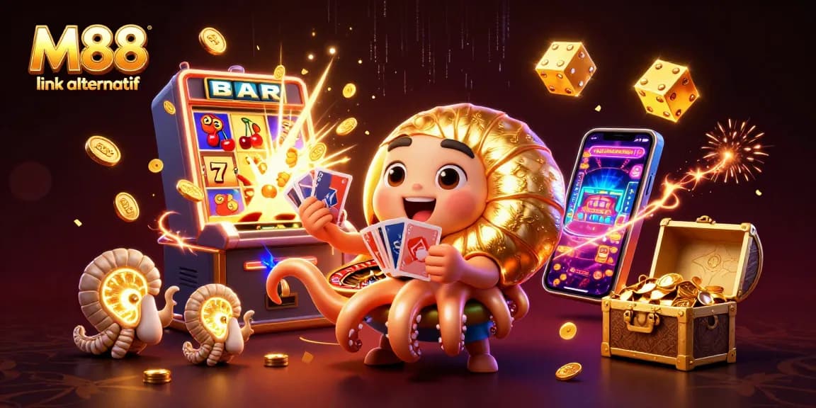 Experience M88 link alternatif gaming with a vibrant 3D casino scene bursting with action and excitement.