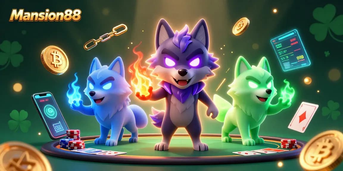 Mansion88 entices players with 3D wolves in a spirited scene of poker and cryptocurrency excitement.