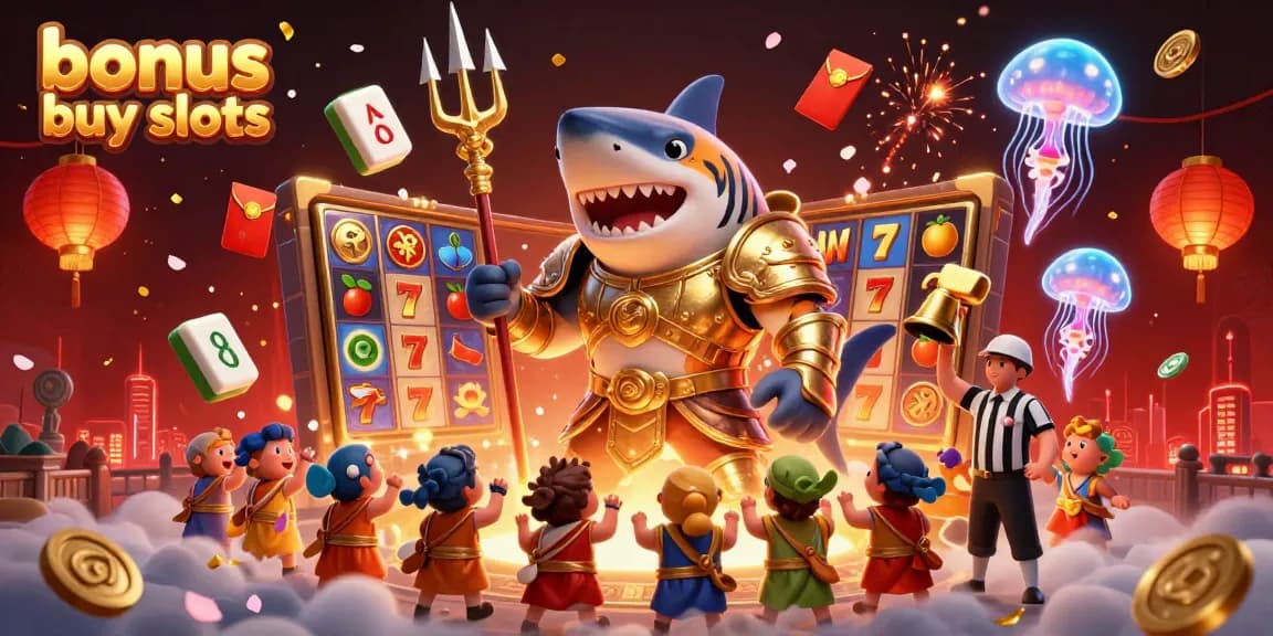 Engage with bonus buy slots alongside a fearless tiger shark in a vibrant casino scene.
