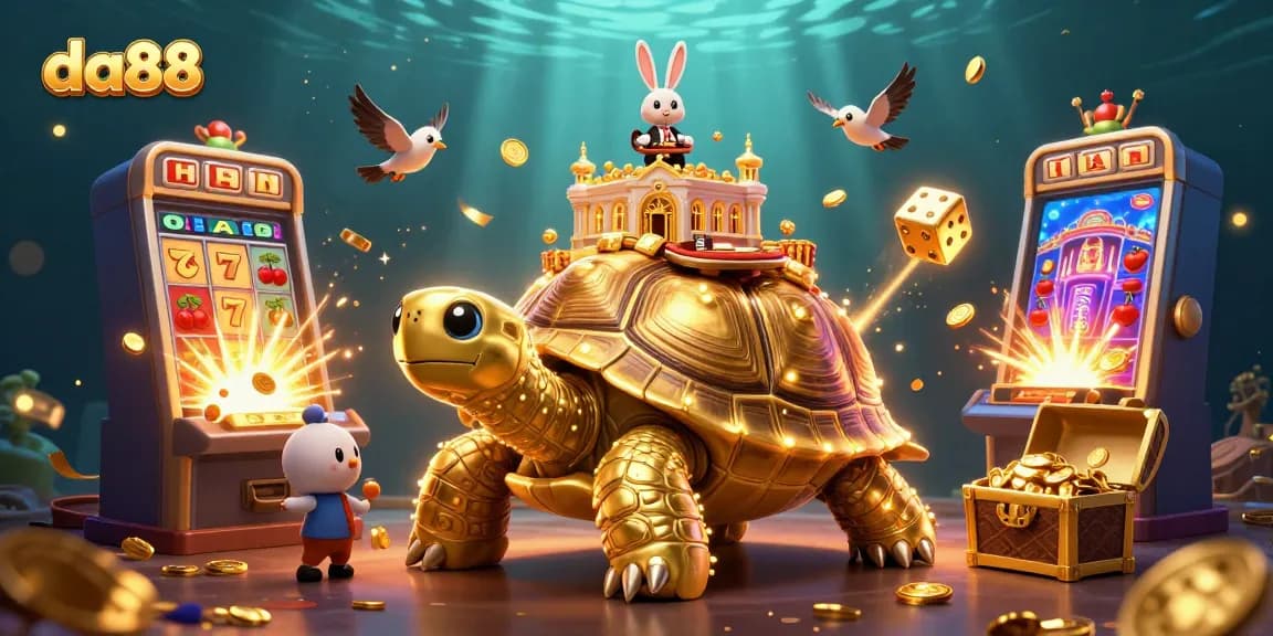 Experience da88's vibrant casino adventure with a golden tortoise and flying coins.
