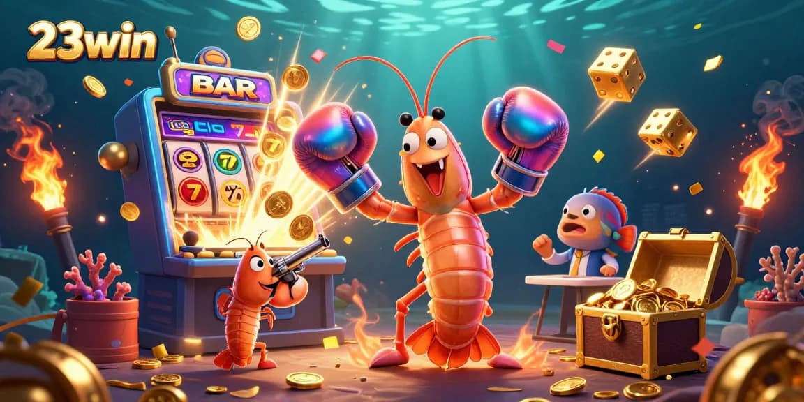 Experience the excitement at 23win with a vibrant 3D illustration featuring animated casino characters and lively gaming elements.