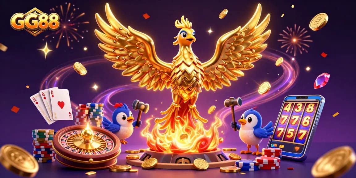 Experience the excitement of GG88 with a golden phoenix and casino elements in this dynamic 3D illustration.