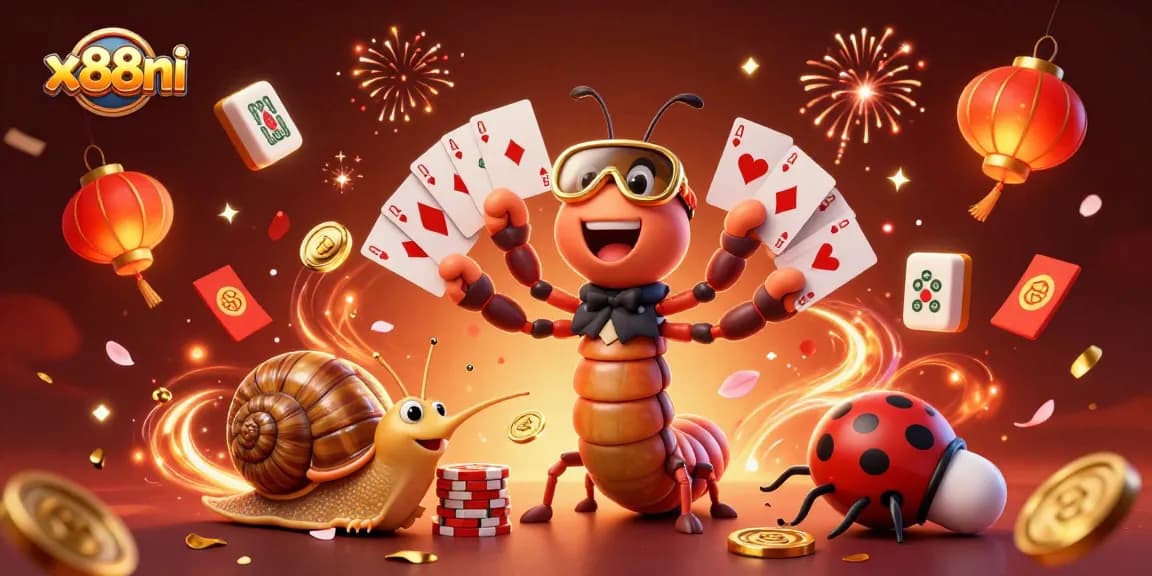 Engage in thrilling gameplay at x88ni with a vibrant casino scene featuring lively characters and festive elements.