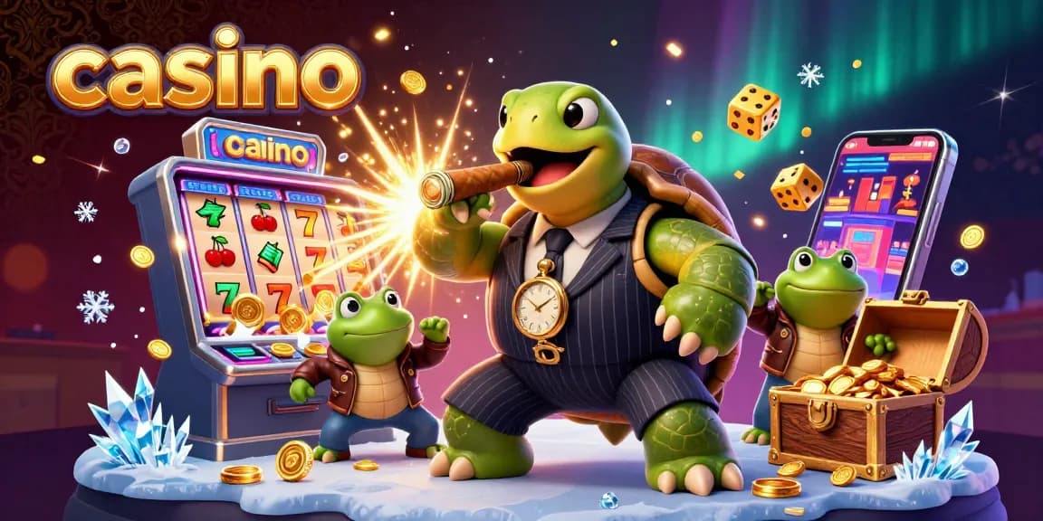 Experience thrilling casino action with a vibrant illustration featuring a snapping turtle mobster and bullfrog enforcers.