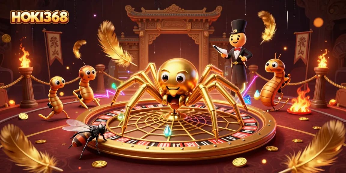 Place your bets with HOKI368 at this vibrant casino scene featuring a roulette wheel and dynamic characters.