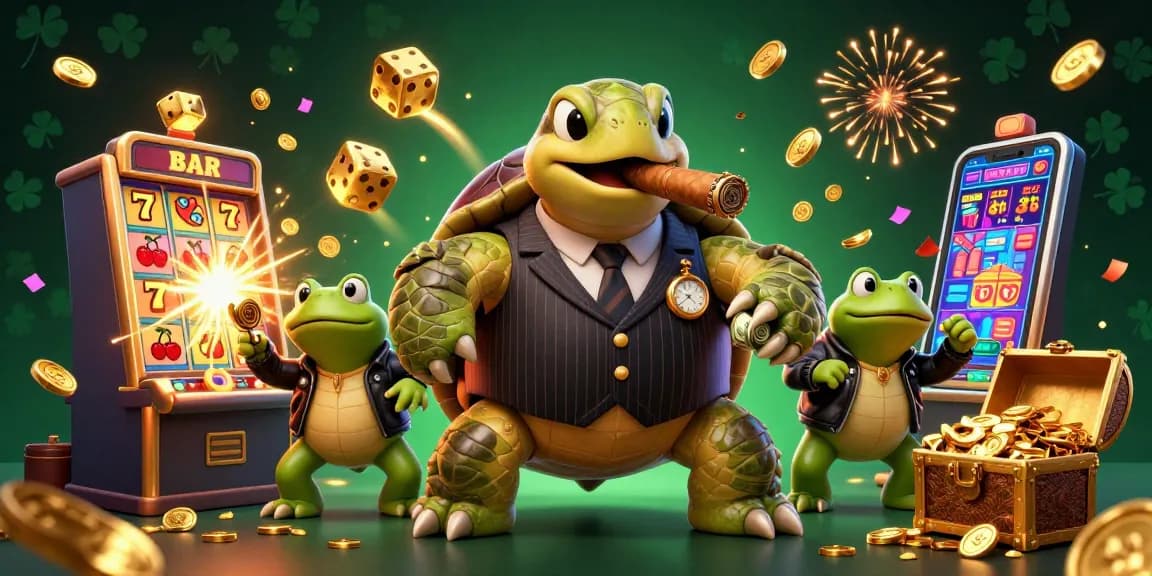 Engage with the vibrant Luck8 BET casino scene featuring a snapping turtle mobster and dynamic gaming elements.