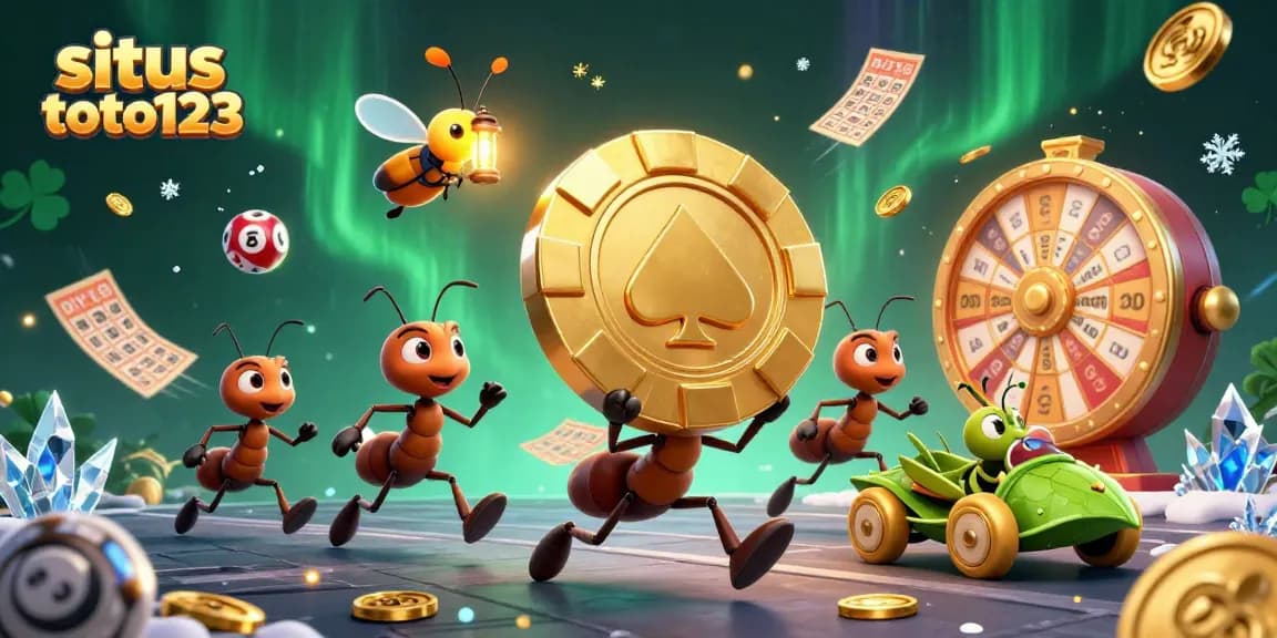 Situs toto123 showcases ants on a heist with lottery characters and shining gold in a vibrant 3D casino scene.