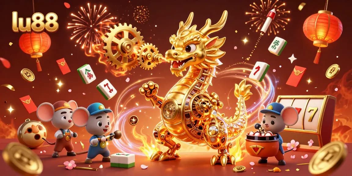Experience the thrill of lu88 with a vibrant 3D casino illustration featuring dragons and gaming elements.