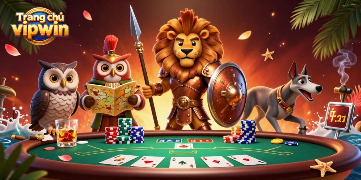 Engage in thrilling poker action at Trang chủ vipwin with a dynamic scene of characters and gaming elements.